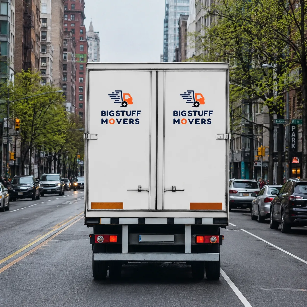 Rear view of a Big Stuff Movers truck driving on the road with branded doors