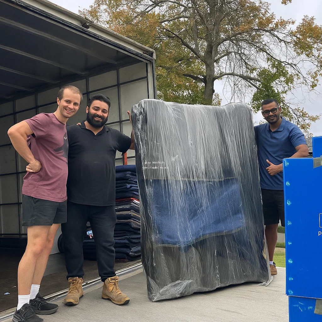 Big Stuff Movers loading wrapped furniture into a truck with movers standing beside it.