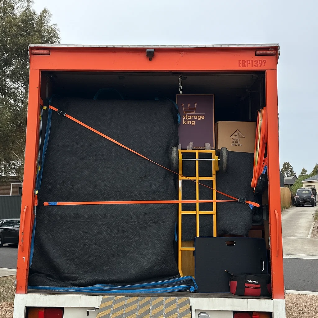 Big Stuff Movers securely loading furniture, boxes, and equipment into a moving truck with straps for safe transport.