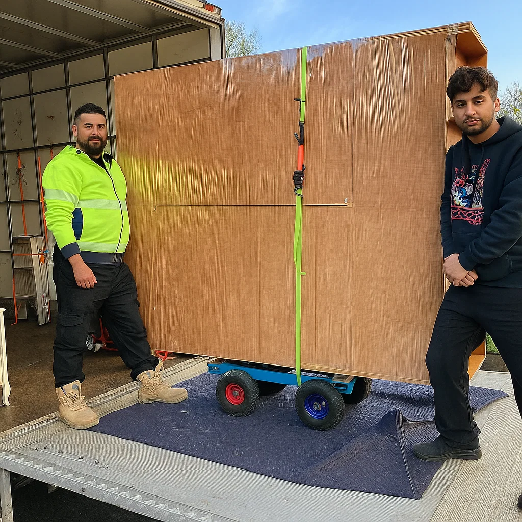 Two movers loading large wrapped furniture onto a truck using a dolly — big stuff movers, furniture loading, heavy item transport.