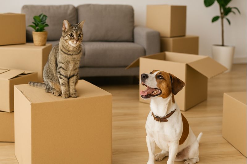 Tabby cat on a moving box and a white-brown dog sitting nearby in a living room surrounded by packed cardboard boxes.