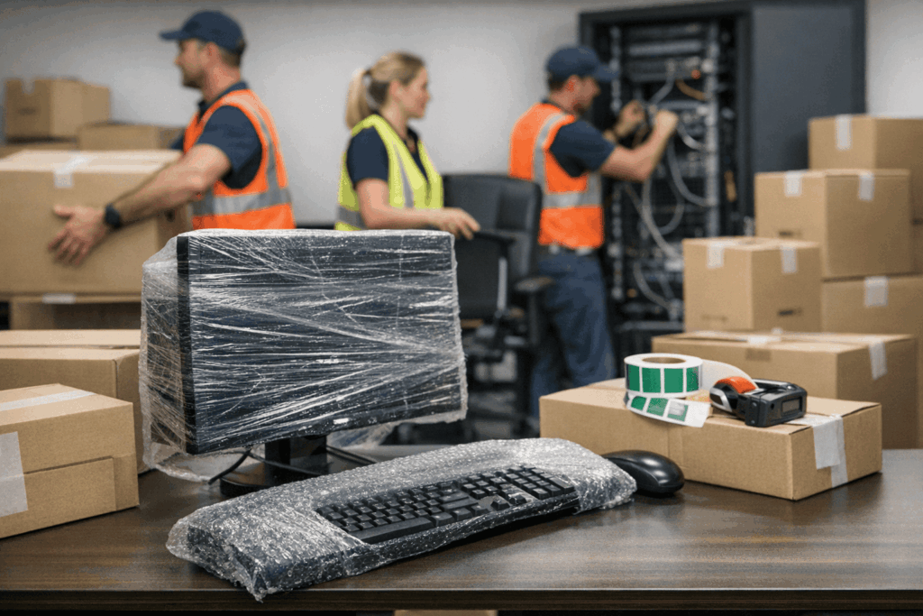Professional office movers packing computers and office equipment during a weekend business relocation